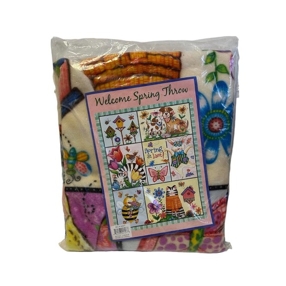 Debra Jordan Bryan Spring at Last Welcome Throw Blanket Cat Bunny Bee Flower Dog - Picture 1 of 4
